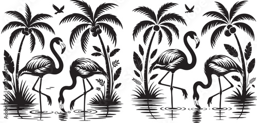 tropical flamingo and palm tree silhouettes set in black and white vector style