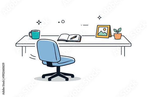 Chair slightly pulled back and absence. An empty desk with a chair slightly offset, surrounded by minimal personal items. The scene reflects