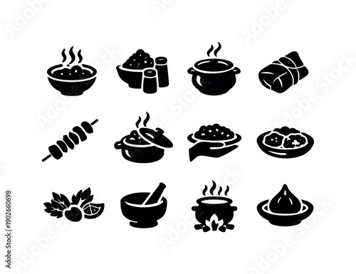 ethnic cuisine. Solid icon set of ethnic cuisine: traditional bowl, spice mix, clay pot, leaf wrap, street snack, slow cooked dish, hand