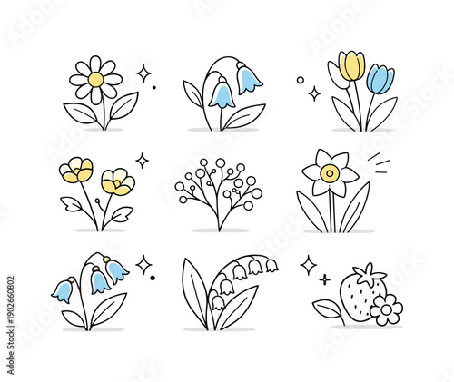 Minimalist Floral Illustration. Spring wildflowers set in clean botanical style. Minimal floral shapes with soft curves and clear silhouettes are presented as