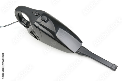 Compact Black Automotive Vacuum Cleaner with Nozzle and Cord Isolated on White Background