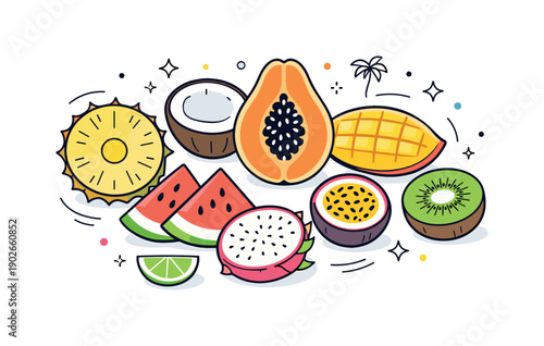 Tropical Fruit Medley. Tropical fruits set sliced. Half and sliced fruits showing simple inner details, arranged in a calm composition. The illustration