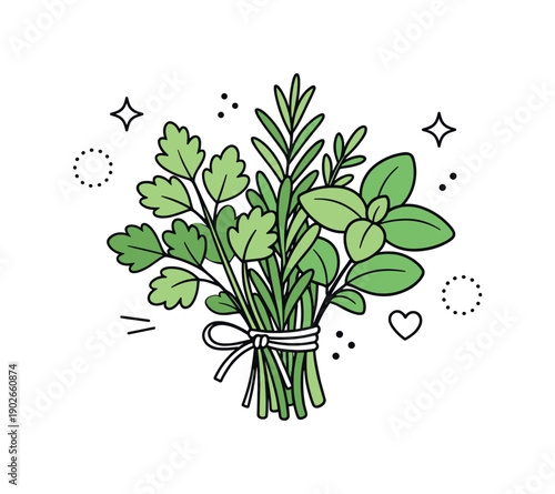 Fresh herbs bundle close up. Soft leaf shapes and gentle overlaps highlight texture while keeping the illustration minimal. The atmosphere is