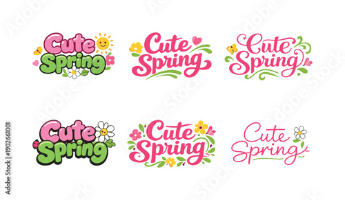 Cute spring. Set lettering. harmonious lettering variations of the same emblematic concept, each with different artistic interpretation