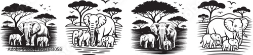 african elephant family illustrations set in savanna landscape black and white vector style