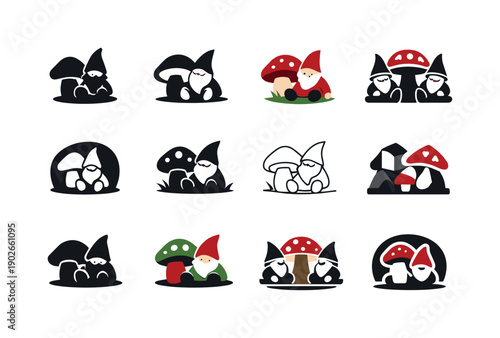 Garden Gnome Icons. Decorating outdoor spaces with garden gnomes and figurines. Icon set. Set Logo of Decorating outdoor spaces with garden gnomes