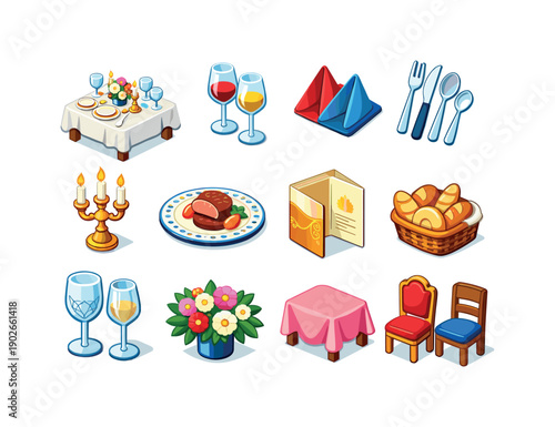 Isometric Fine Dining Icons. Fine dining table. Colorful isometric vector icons set of fine dining table: elegant table setup, wine glasses, folded napkins,
