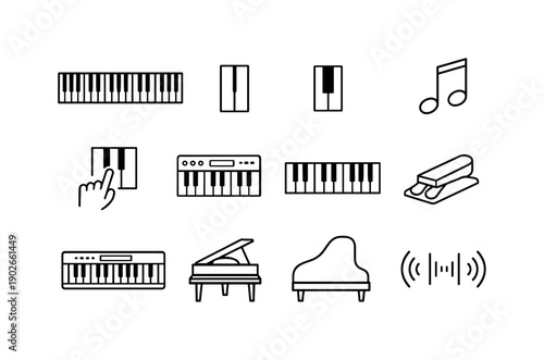 Keyboard Icon Set. Keyboard and Piano Keys. Line icon set of Keyboard and Piano Keys: full piano keyboard, single key, black key, white key, musical note,