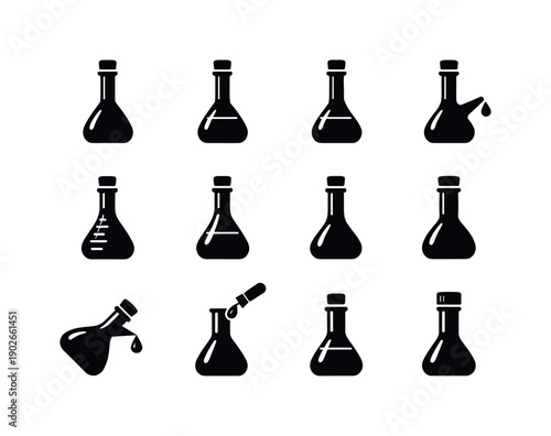 Precision Lab Flasks. Solid icon set of Precision Lab Flasks: volumetric flask, calibration mark, accurate volume, measurement flask, narrow