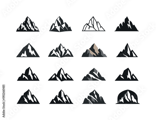 Rocky cliffs. Icon set. Set Logo of rocky cliffs: sharp rock peak symbol. harmonious logo variations of the same emblematic concept, each