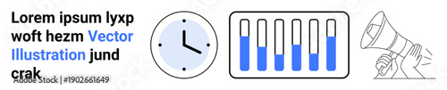 Clock for time management, progress bars for performance tracking, and megaphone for communication. Ideal for work efficiency, project planning, employee monitoring, productivity, business strategy