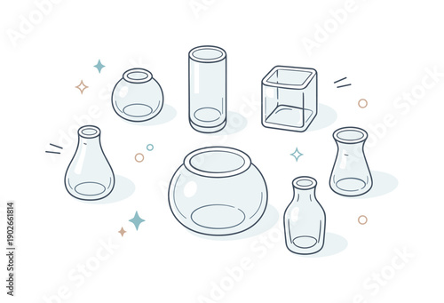 Glass vases clear. Top-down view of several clear vases with different silhouettes, casting faint elliptical shadows. The mood is minimal,