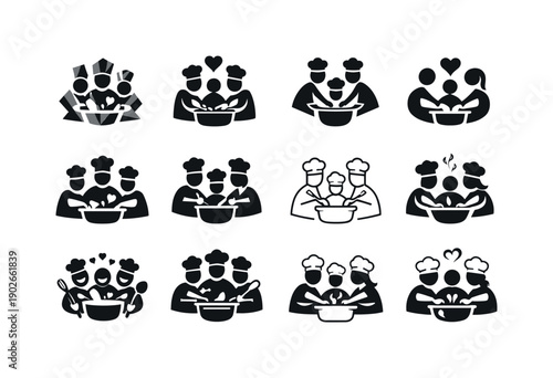 Encouraging family hobbies and creative activities. Icon set. Set Logo of encouraging family hobbies and creative activities: cooking
