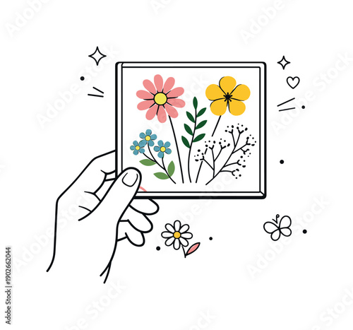 Pressed flowers spring. A small transparent frame with pressed flowers held up in soft light, capturing the quiet elegance of seasonal