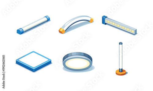LED light tube. Isometric flat vector icons set of LED light tube: straight LED tube, curved LED light bar, wall-mounted LED strip, ceiling