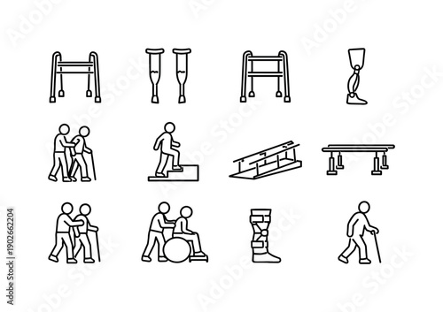 Mobility Icon Set. Mobility Rehabilitation. Line icon set of Mobility Rehabilitation: walker aid, crutches, walking frame, prosthetic limb, gait training, step
