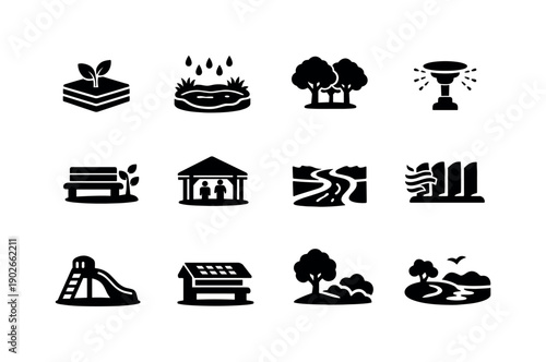 resilient urban spaces. Solid icon set of resilient urban spaces: green infrastructure, water retention area, urban trees, smart irrigation,