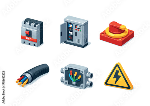 Industrial electrical. Isometric flat vector icons set of industrial electrical: heavy duty circuit breaker, industrial control cabinet,