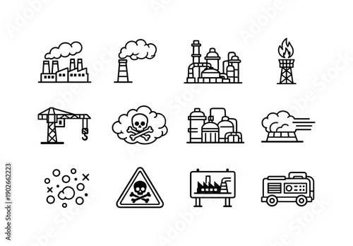 Industrial Emissions. Line icon set of Industrial Emissions: factory complex, smokestack smoke, oil refinery, gas flare, industrial crane,