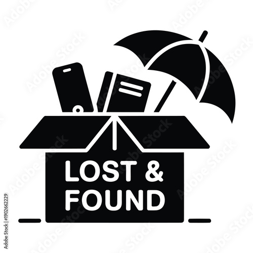 Lost and found vector icon depicts missing items in a box