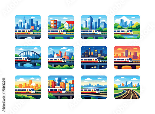 City Railway Icons. Cityscape railway views. Colorful flat vector icons set of cityscape railway views: downtown skyline, residential blocks,