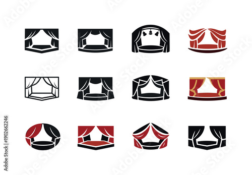Theater performance. Icon set. Set Logo of theater performance: stage platform. harmonious logo variations of the same emblematic concept,