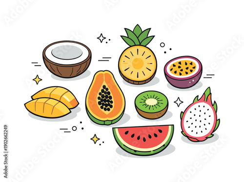 Tropical Fruit Medley. Tropical fruits set sliced. Half and sliced fruits showing simple inner details, arranged in a calm composition. The illustration