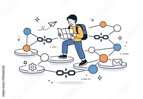 Network of missing links. A calm character navigating a floating map of connection dots with broken link symbols in between, symbolizing