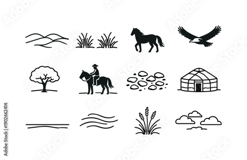 Steppe Icon Collection. Steppe. Line icon set of Steppe: rolling grass hills, dry grass tufts, wild horse silhouette, eagle in sky, lone tree, herder on horse,