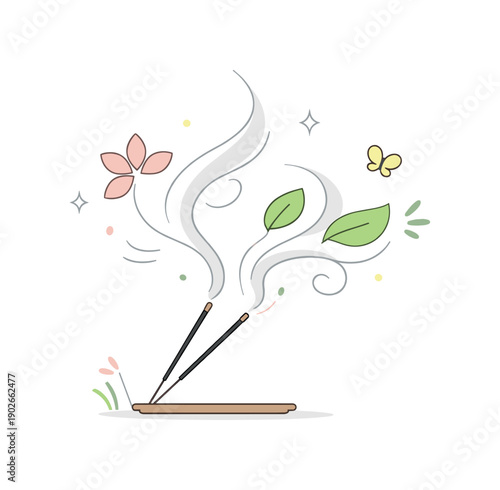 Incense sticks spring. Stylized incense sticks with curling smoke forming abstract spring elements like leaves or petals in the air. The mood