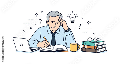 Late career learning stress. An experienced professional studying new materials while older books rest nearby, expressing tension and
