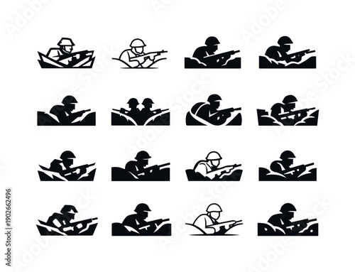 Trench Soldier Logos. Trench. Icon set. Set Logo of Trench: soldier silhouette in trench. harmonious logo variations of the same emblematic concept, each with