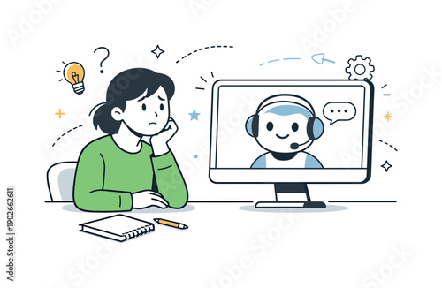 Anxiety about AI at work. A character looking thoughtfully at a screen with a friendly AI assistant icon, unsure but attentive.