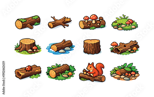 Forest logs. Colorful isometric vector icons set of Forest logs: fallen tree log, broken branch, mushrooms on log, mossy forest floor,