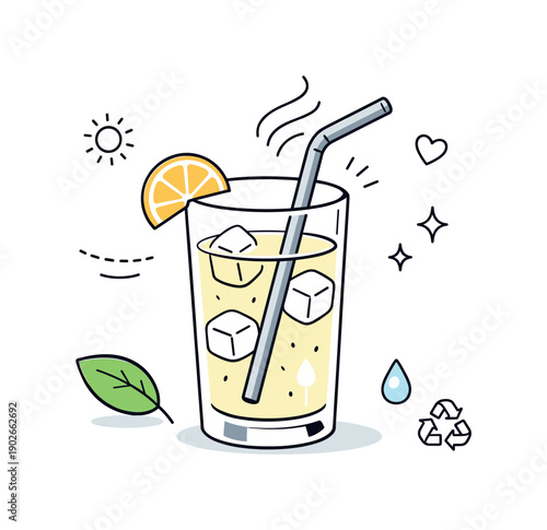 Reusable straws. Glass of drink with a reusable straw inside, shown in a simple editorial scene. Feeling of refreshment and sustainability,