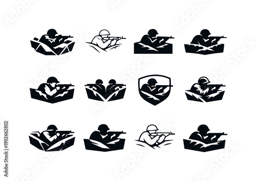 Trench Soldier Logos. Trench. Icon set. Set Logo of Trench: soldier silhouette in trench. harmonious logo variations of the same emblematic concept, each with