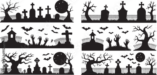 spooky halloween graveyard border silhouettes set with tombstones trees and bats in black and white vector style