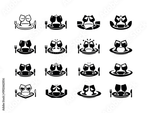 Celebratory Meal Icons. Celebratory meal. Icon set. Set Logo of celebratory meal: clinking wine glasses over plate. harmonious logo variations of the same