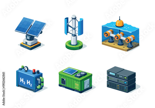 Renewable tech. Isometric flat vector icons set of renewable tech: smart solar tracker, vertical wind turbine, tidal energy generator,