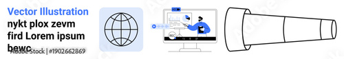 Digital learning, global communication, remote collaboration, online meetings, business innovation, worldwide reach. Globe, monitor and telescope icons. Digital learning and global communication