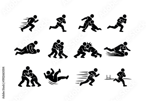 Open Field Tackle. Solid icon set of Open Field Tackle: sprinting defender, isolated runner, angle approach, diving hit, leg tackle, arm