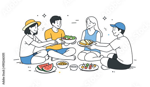 Summer picnic food sharing. Friends sitting together and passing plates with simple picnic food like salads and snacks. The illustration