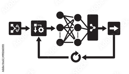 Neural network vector illustration of machine learning algorithm and data processing flow structure