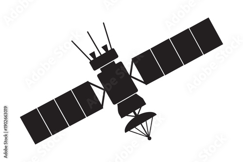 Satellite vector illustration of orbital communication technology with solar panels in dark silhouette