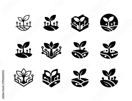Startups in agriculture technology. Icon set. Set Logo of Startups in agriculture technology: smart farming sprout. harmonious logo