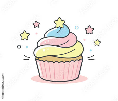 Cupcakes pastel. A single pastel cupcake with swirled frosting and tiny stars floating around it in a clean central layout. The illustration