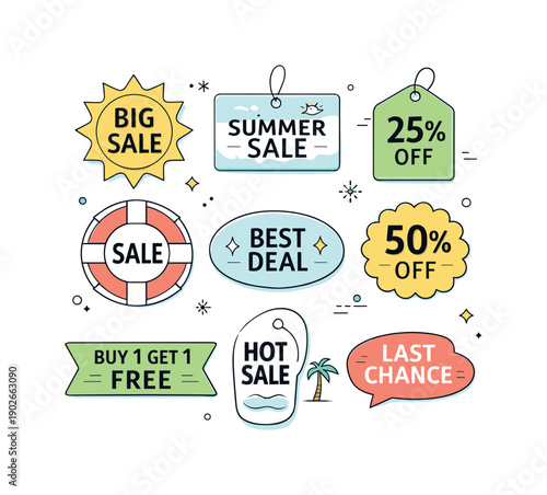 Summer sale tags. Flat lay editorial composition with multiple sale tags arranged in an orderly grid. Sense of clarity, organization, and