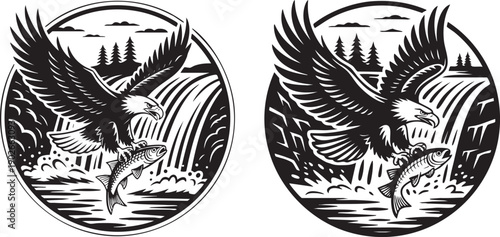 bald eagle catching fish emblem with waterfall landscape in black and white vector style