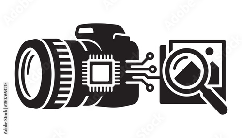 Camera smart technology vector illustration showing image recognition and digital photo processing