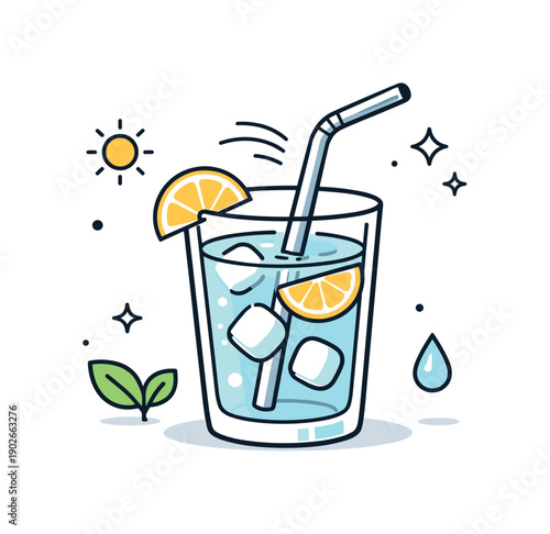 Reusable straws. Glass of drink with a reusable straw inside, shown in a simple editorial scene. Feeling of refreshment and sustainability,